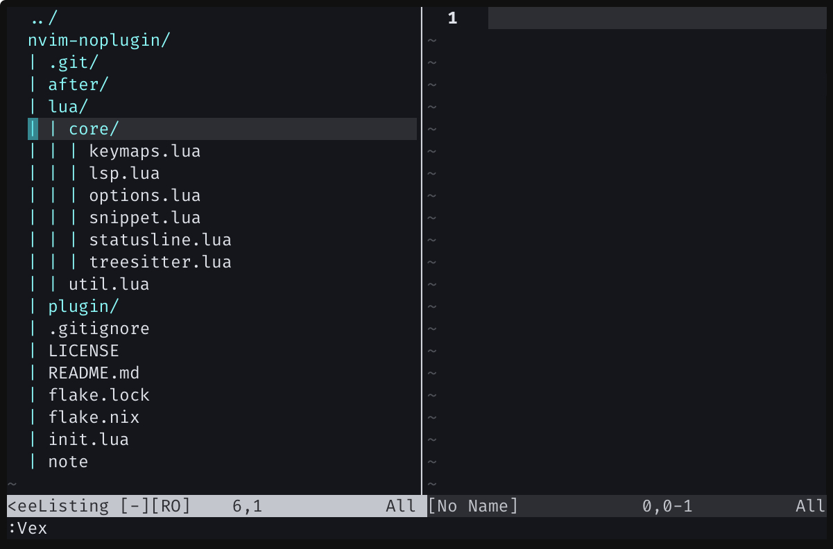 Neovim screenshot with Netrw buffer in right window, showing file in tree style view.